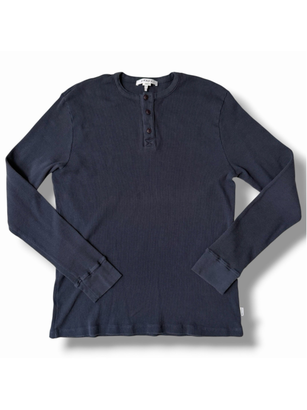 FRAME Men XL Slim Fit Henley Washed Blue 100% Cotton Waffle Knit Long Sleeve EUC